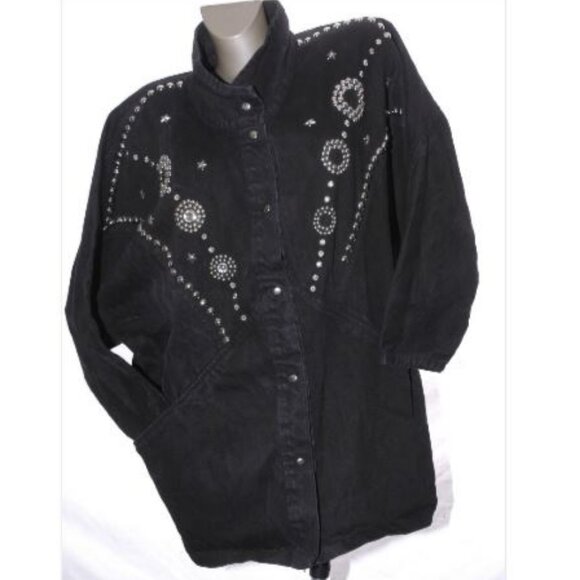 OVERSIZE Denim JACKET STUDDED Vintage 80s  Jean Coat Batwing Cocoon Bedazzled L - Picture 5 of 6